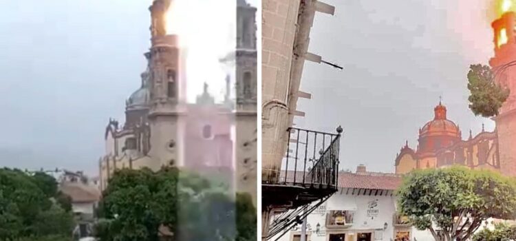 Impacta rayo sobre la torre de una iglesia en Taxco